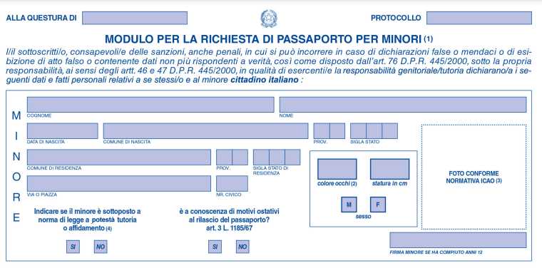 modulo per richiesta passaporto minori